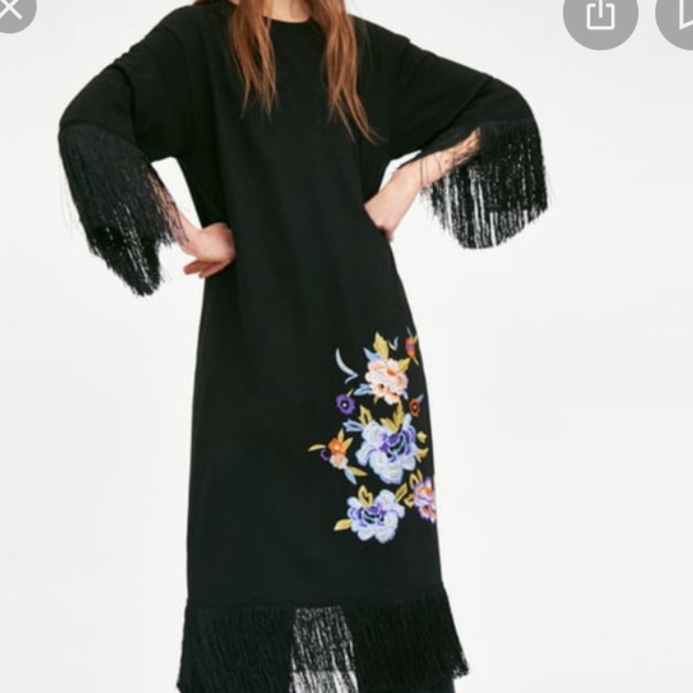 Zara Black Embroidered Fringed Long Dress Medium